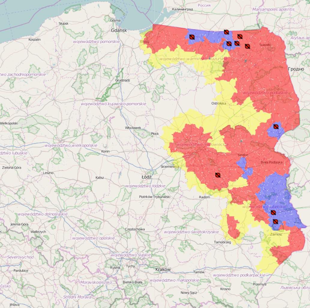 Aktualna mapa obszaru ASF z zaznaczonymi ogniskami ASF w 2019 roku (stan na 1 lipca 2019 r.) 