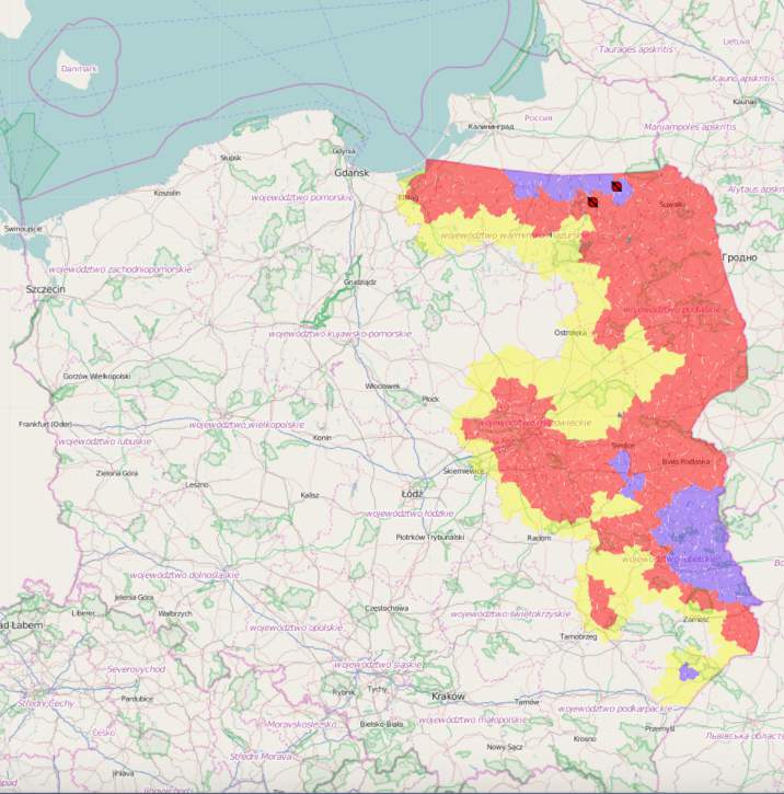 Aktualna mapa stref ASF wraz z ogniskami ASF w gminie Giżycki i gminie Gołdap (mapa  Główny Inspektorat Weterynarii) 